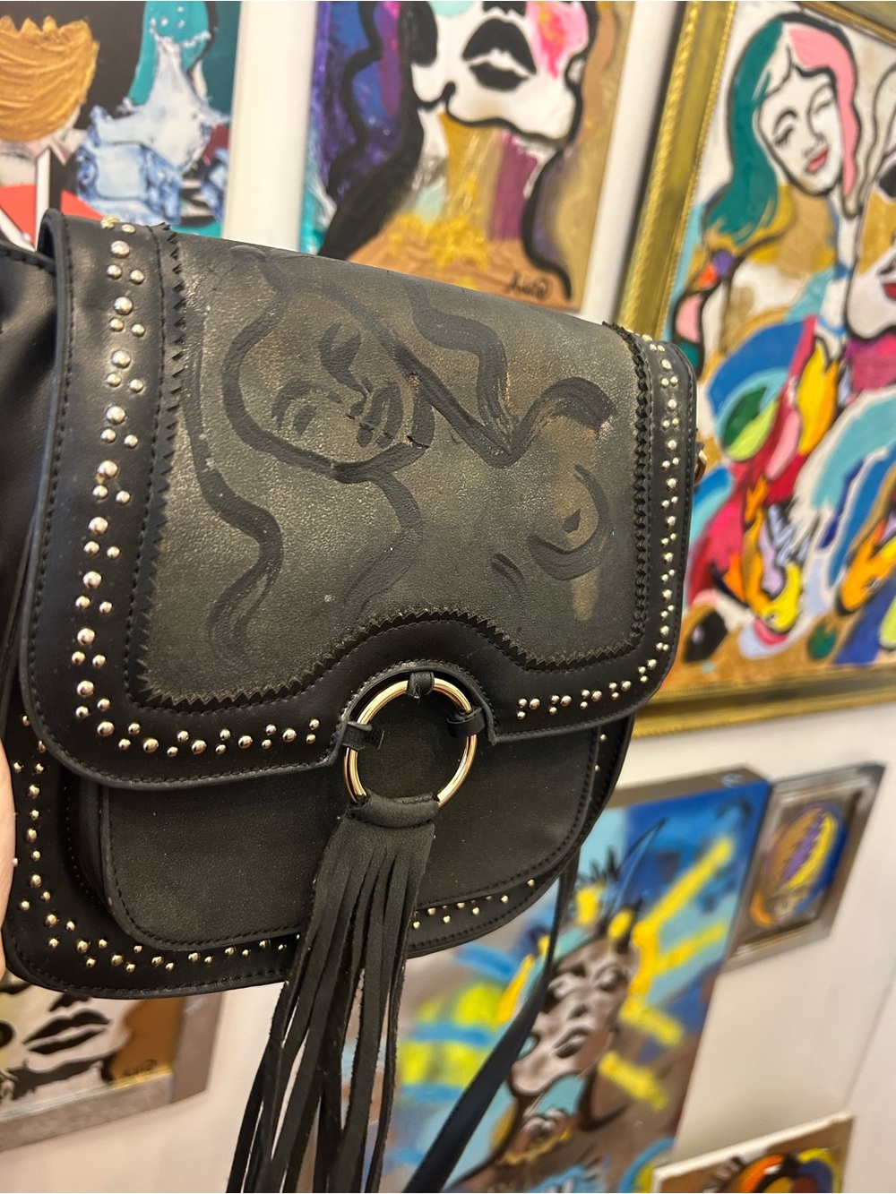 Black Studded Tassel Crossbody Bag with Artistic Front Hand Painted
